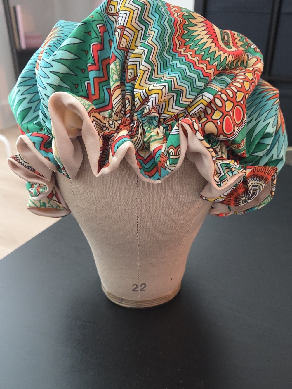 Handmade Hair Bonnet In Vibrant Geometric Teal, Coral & Cream Print